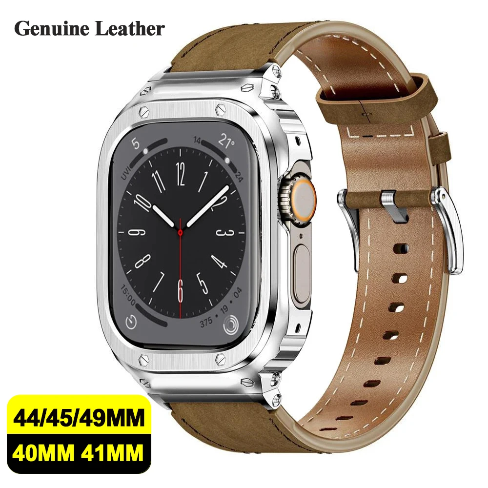 

Metal Case+Genuine Leather Strap For Apple Watch Band Ultra2 49mm 44mm 45mm 40 41mm Bracelet iWatch series SE 9 8 7 6 5 4 Ultra
