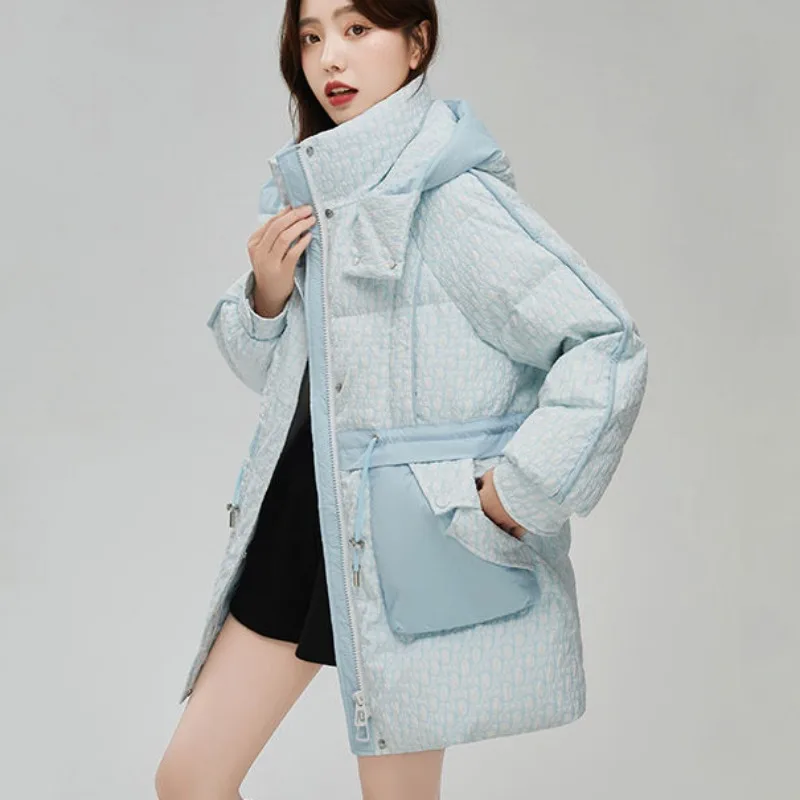 Women White Duck Down Jacket Winter Coat Female Keep Warm Thick Parkas Loose Mid Length Version Outwear Fashion Hooded Overcoat
