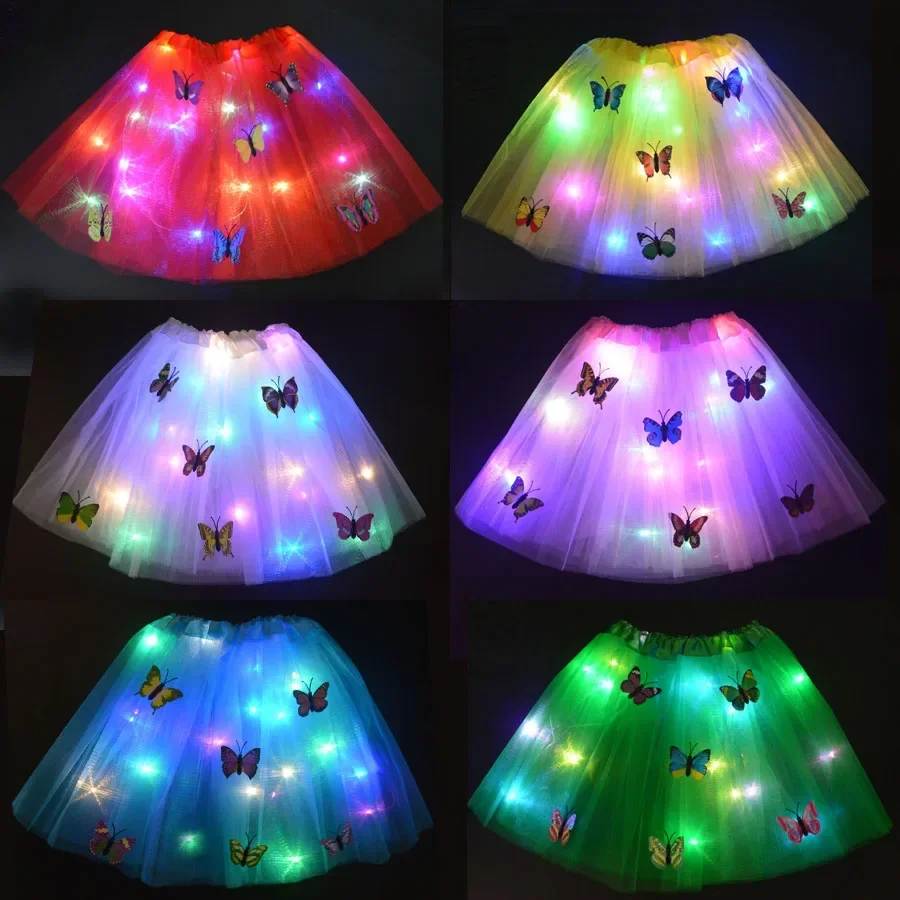Princess Girl Butterfly Light Up Fairy Tutu LED Skirt Glow Flower Crown Headband Birthday Gift Fancy Party Wedding Festival birthday party decorations glow headband luminous hair bands tutu skirts led dance costume