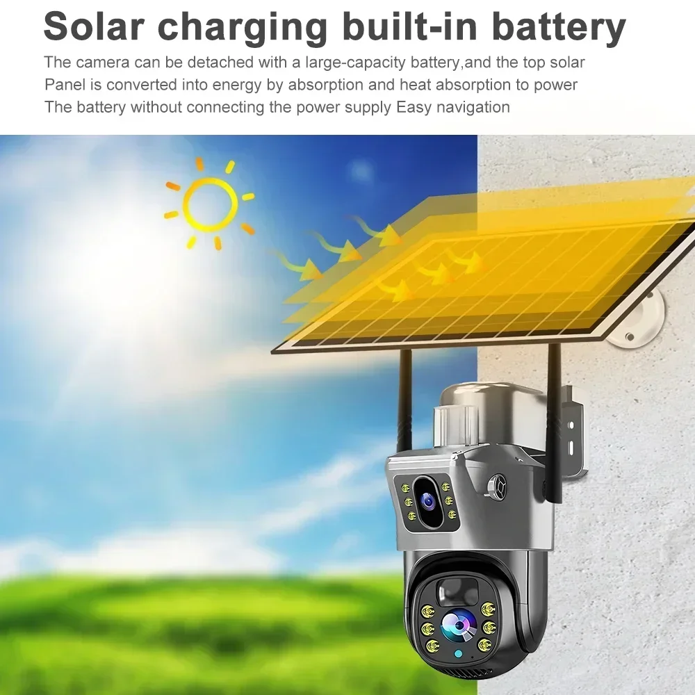 4K 8MP Solar Camera Outdoor Battery 4G/WiFi IP Cam Dual Lens Security-Protection PIR Auto Tracking Wireless Surveillance CCTV