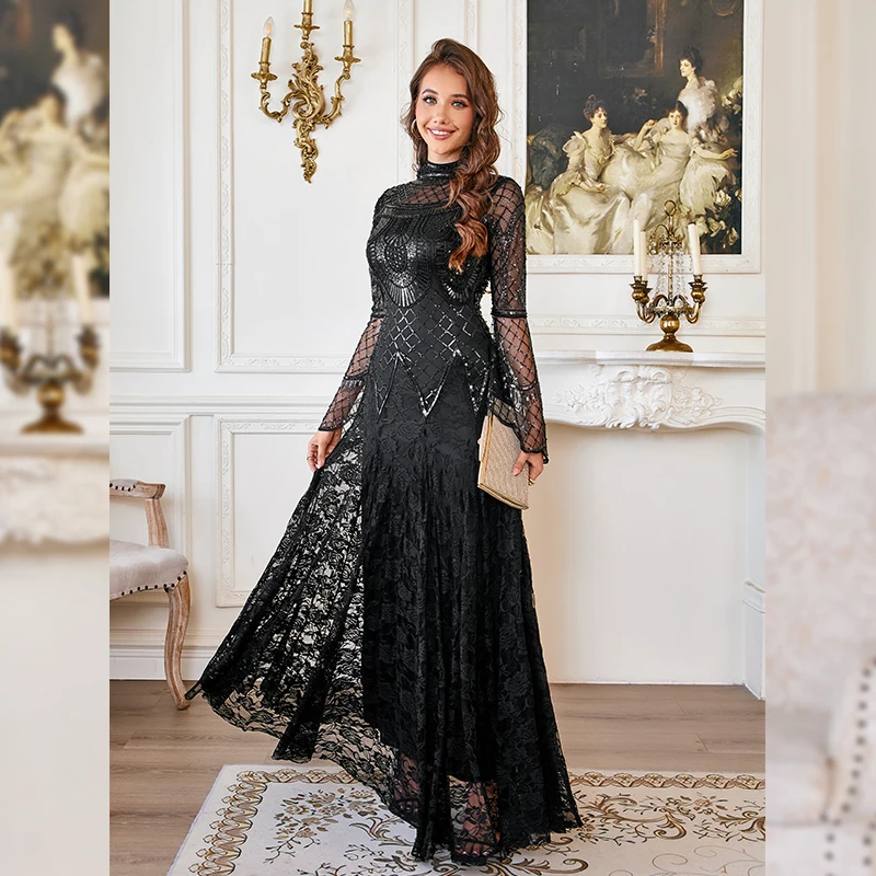 2025 New Black Lace Mermaid Elegant Evening Dress for Women High Neck Long  Sleeve Sequins Party Dresses Prom Gowns Wedding - AliExpress 320