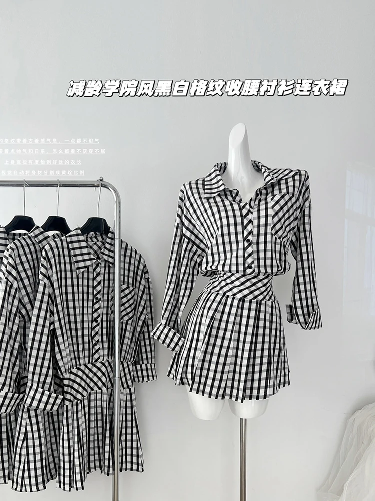 

Summer Korean Fashion Old Money Plaid Mini Long Sleeve Shirt Dress Women Pleated Tunic Frocks 2000s One-Piece Club 2000s Design