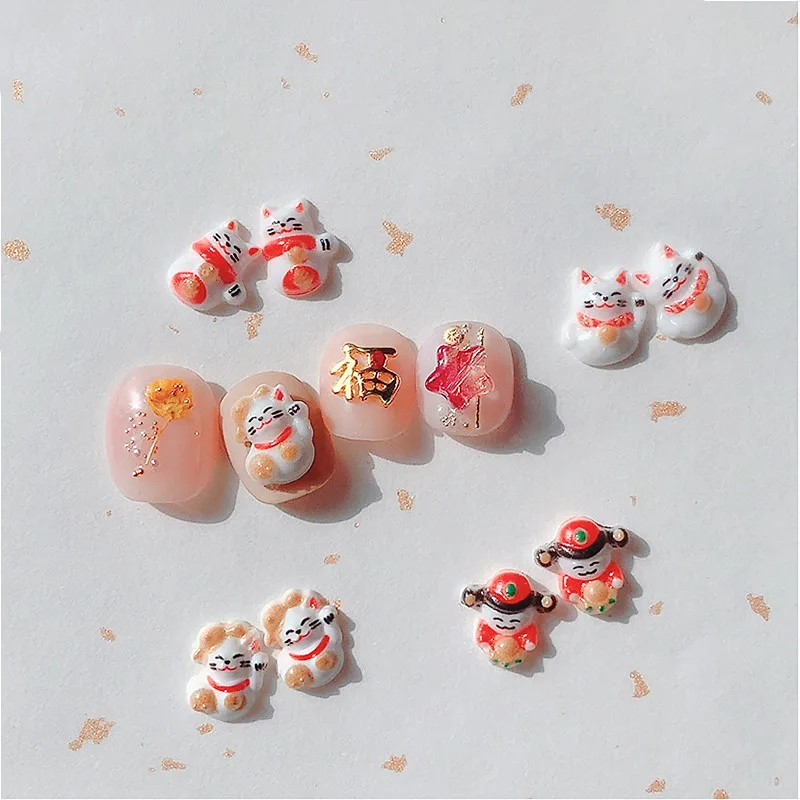 

50 шт./10 шт. новогодние ювелирные изделия для ногтей из смолы счастливая кошка искусственная удача в китайском стиле смешанные металлические ногти