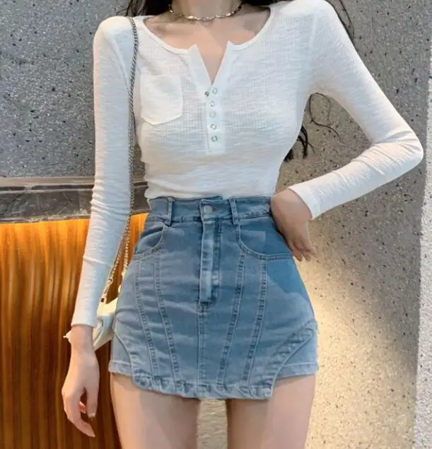 

Women's Shorts Culottes Fashion High Waist Spliced Color Irregular A-line Wide Leg Denim Shorts Skirts Female Jean Skirts