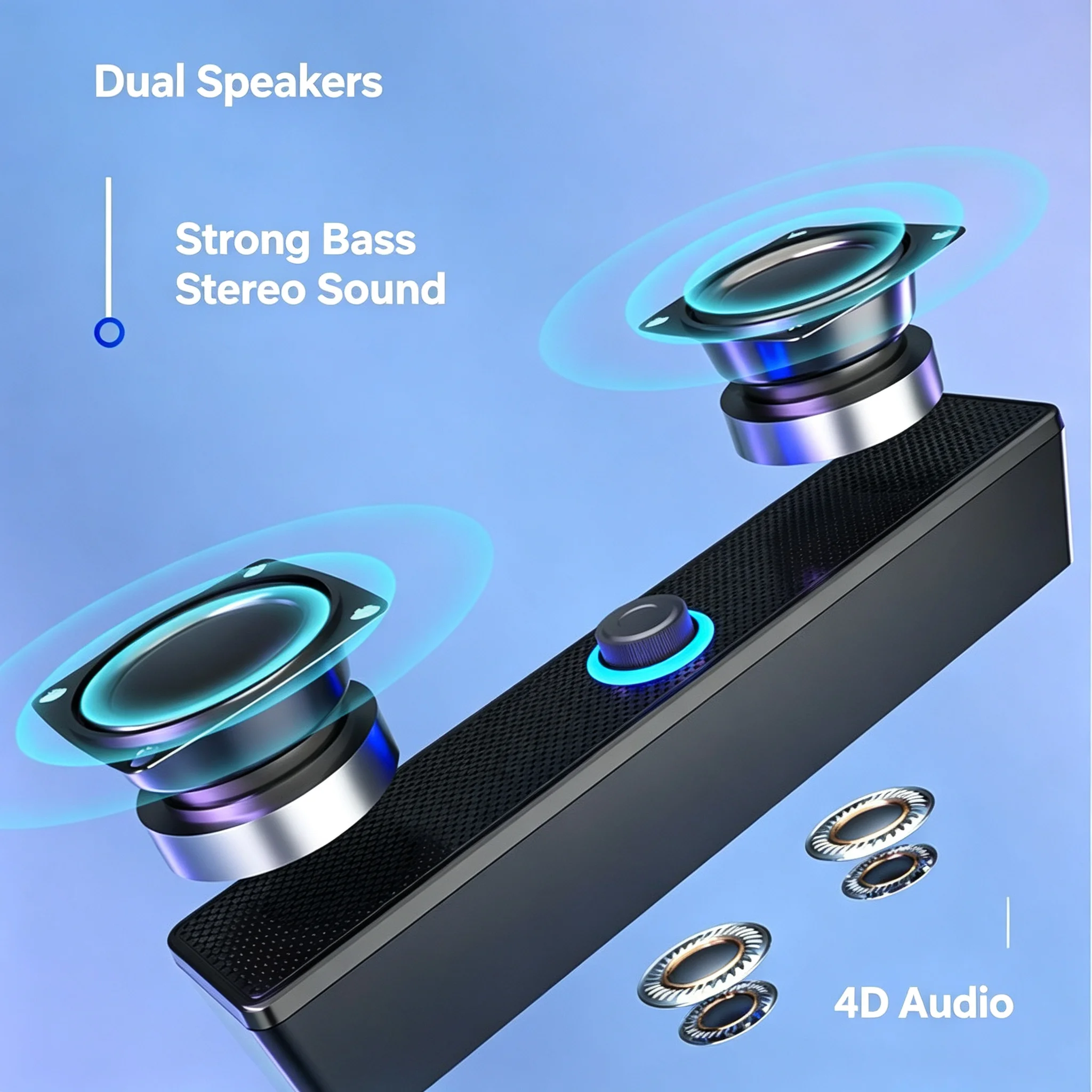 Enhanced Soundbar Speaker with Strong Bass and Dual Horns - Bluetooth, Wired, and Wireless Connectivity - USB Powered
