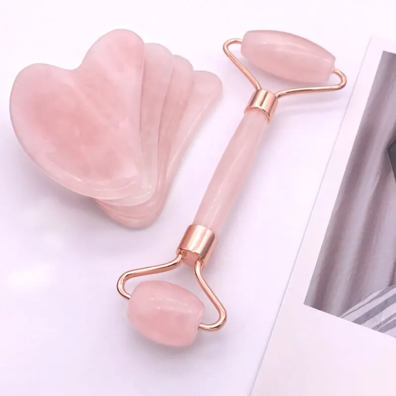 Pink Gua Sha Roller Scraping Board Face Beauty Non Jade Roller Scraping Board Massage Set