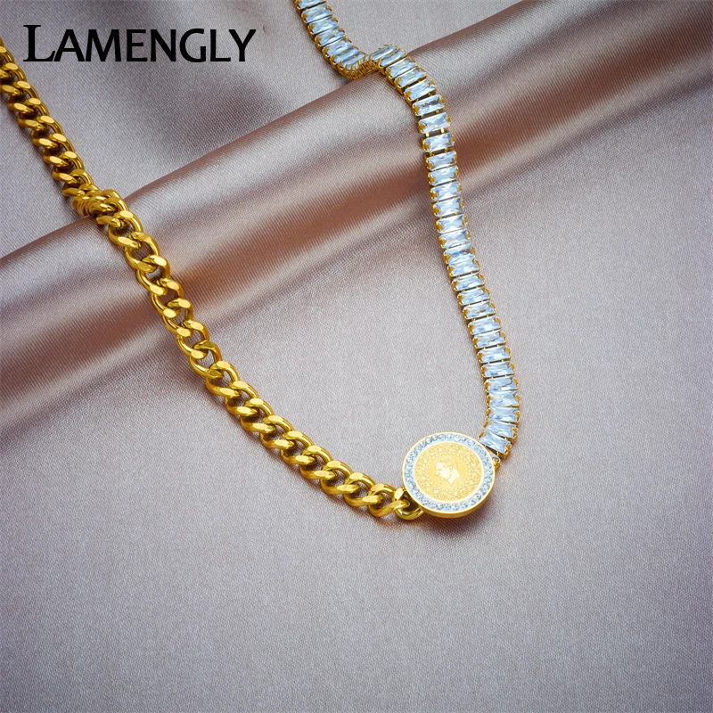 

LAMENGLY 316L Stainless Steel Portrait Coin Necklace For Women Girl New Trend White Zircon Chokers Chain Waterproof Jewelry Gift