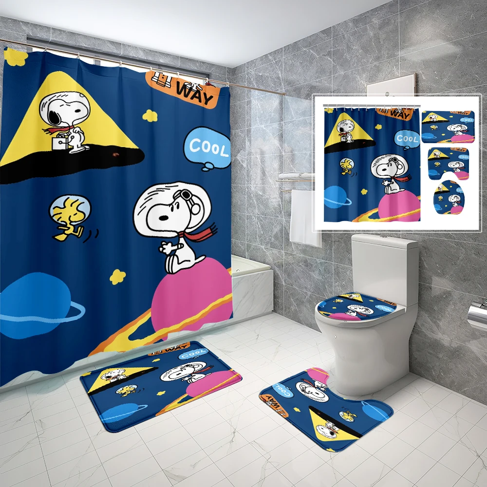 thumbnail image 1 of 1/4 piezas 70*70 pulgadas 1/4 piezas Juego de cortina de ducha impermeable con dibujos animados de Snoopy lindo con alfombras antideslizantes, tapa de inodoro, alfombrilla de baño, 12 ganchos, 1 of 5