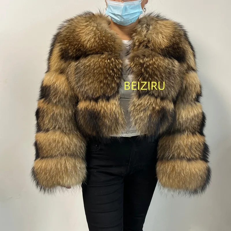 BEIZIRU Women's Short Real Raccoon Fur Coat Winter Long Sleeve