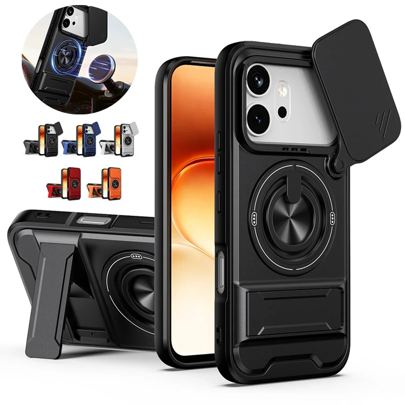 Armor Slide Camera Protection Case with Ring Kickstand and Car Magnetic Holder