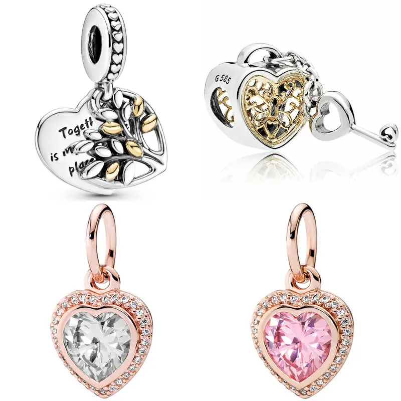 

Sparkling Love Two-tone Family Tree Padlock Heart And Key Pendant Beads 925 Sterling Silver Charm Fit Fashion Bracelet Jewelry
