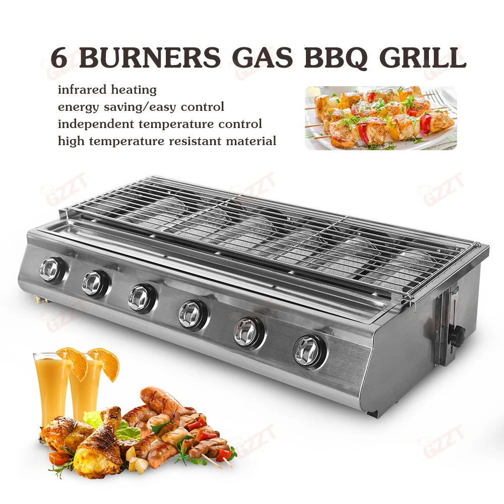 

GZZT 6 горелок, газовый гриль для барбекю из нержавеющей стали, газовый гриль сжиженного углеводородного газа, бездымный стеклянный щит, уличный гриль для барбекю из нержавеющей стали, плита
