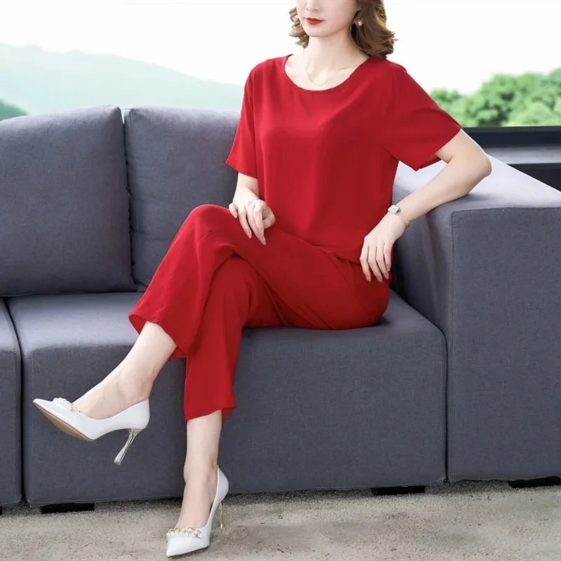 

Women's Summer Sets New Spring Summer Cotton Silk 2PCS Solid Color Casual Short Sleeve +Ankle-Length Pants Suit Female Sets 4XL