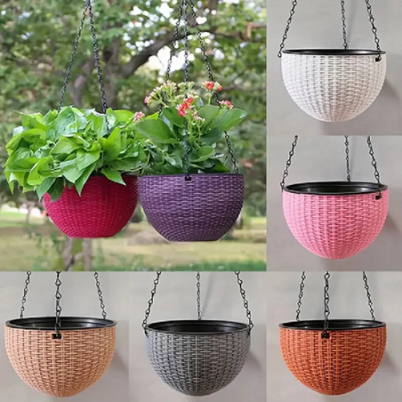 European Style Braid Pattern Imitation Rattan Hanging Hanging Plastic Resin Flower Pot Hanging Pot Indoor Hanging Basket