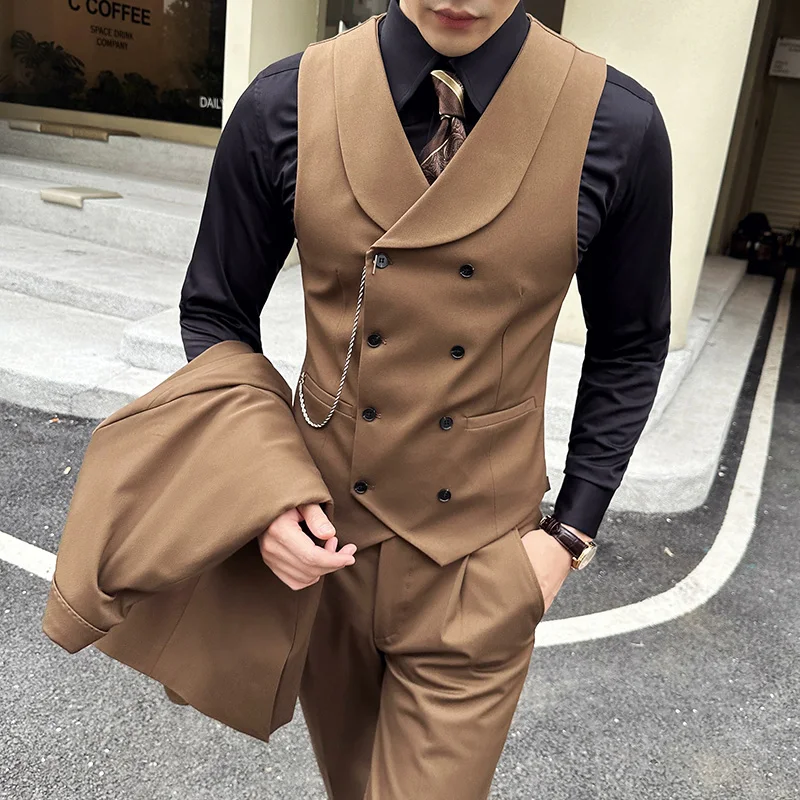 High Quality Autumn Double Breasted Suit Vest Men Business Formal Sleeveless Vest Slim Fit Wedding Groom Banquet Party Waistcoat 2