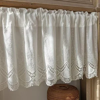 100% cotone fiori cavi tende corte soggiorno coreano gream tessuto di pizzo mezze tende per cucina libreria tenda antipolvere 1