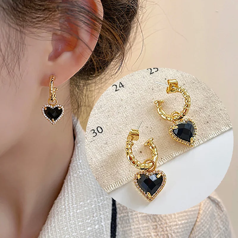 

Luxury Heart Black Diamond Stainless Steel Dangle Earrings for Women Fashion Jewelry