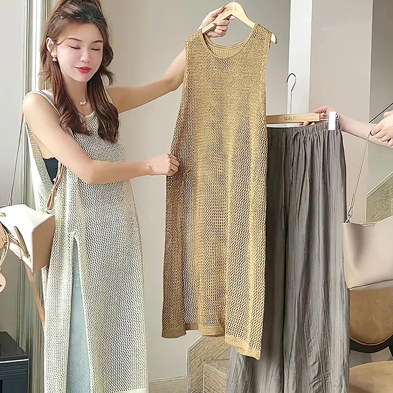

Tank Dress Women Hollow Out Solid Color O-neck Basic Casual Holiday Midi Dresses