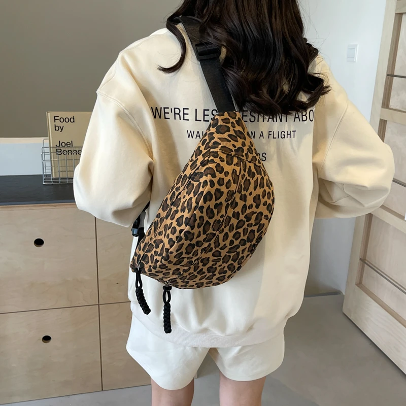Fashion Leopard Print Waist Chest Crossbody Bag Woman Canvas Belt Bag Female Designer