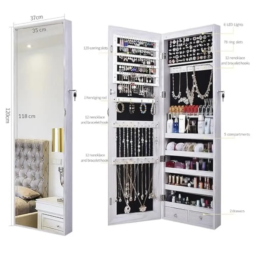 LED Lighted Wall-Mounted Jewelry Armoire Cabinet Organizer with Full-Length Mirror White Wood Storage Solution 4