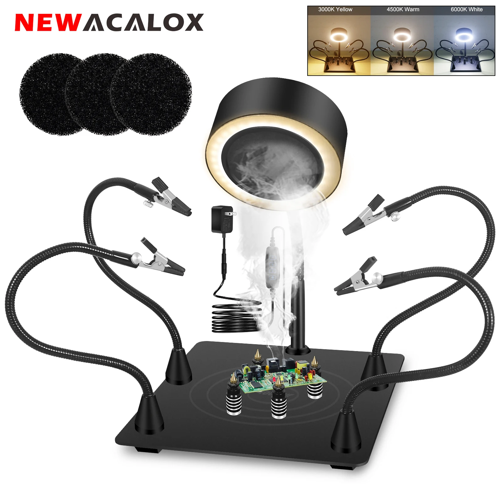 NEWACALOX Welding Repair Workbench Welding Ssmoke Exhaust Fan Soldering Helping Hands with 3 Color LED Light for Soldering Tool newacalox 360° adjustable pcb holder with 2pcs magnetic flexible soldering third hand welding repair helping hands station