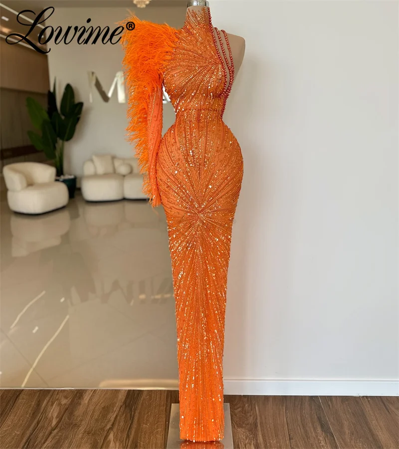 

Orange Party Dress Feather One Shoulder Long Evening Gowns 2023 Custom Mermaid Beads Crystals Formal Prom Dresses Robe De Soirée