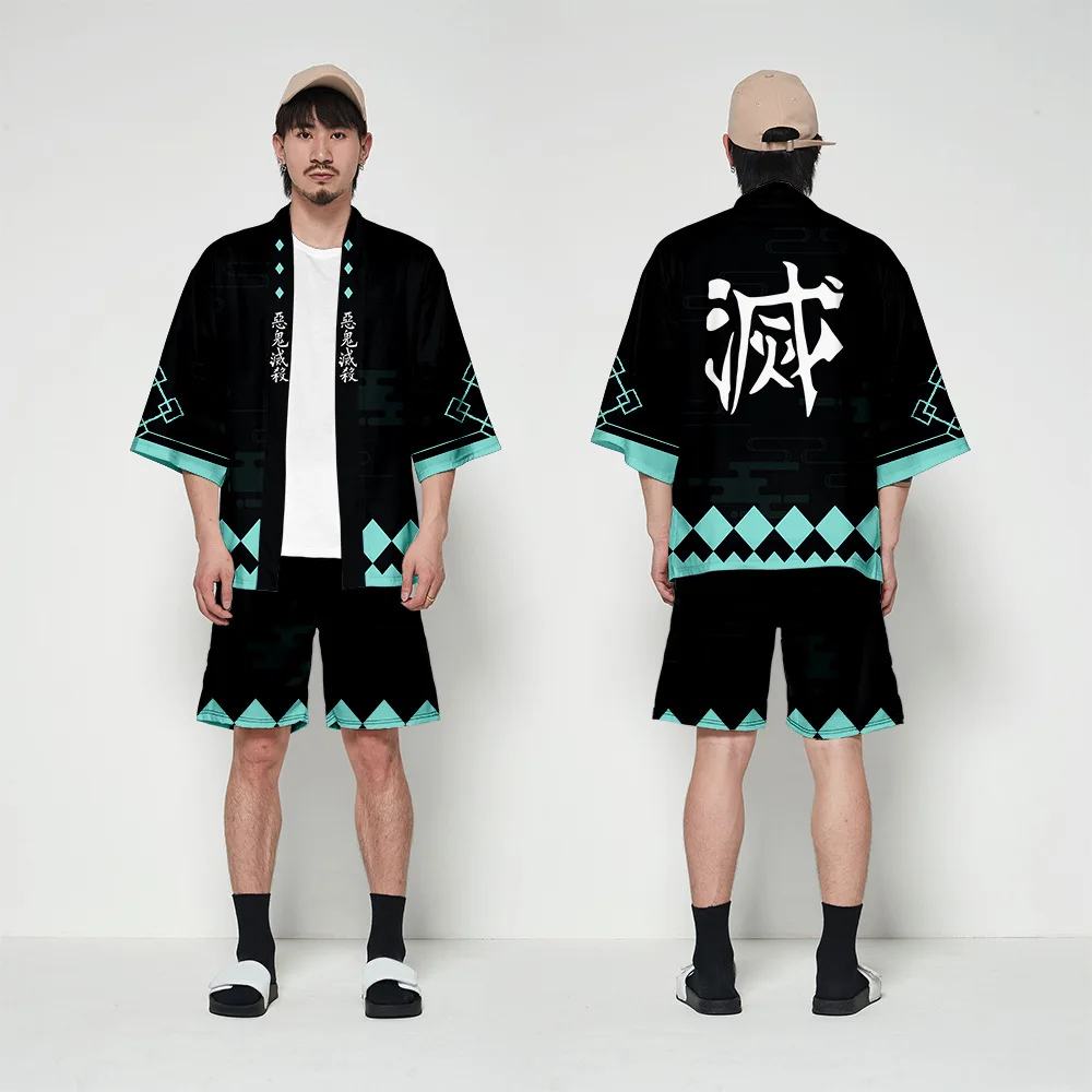 2022 3D Children's Wear Anime Demon Slayer Kimono Cardigan Shorts Set Around the Same Cloak Pant Adult Men's and Women's Pajamas mens sleepwear set