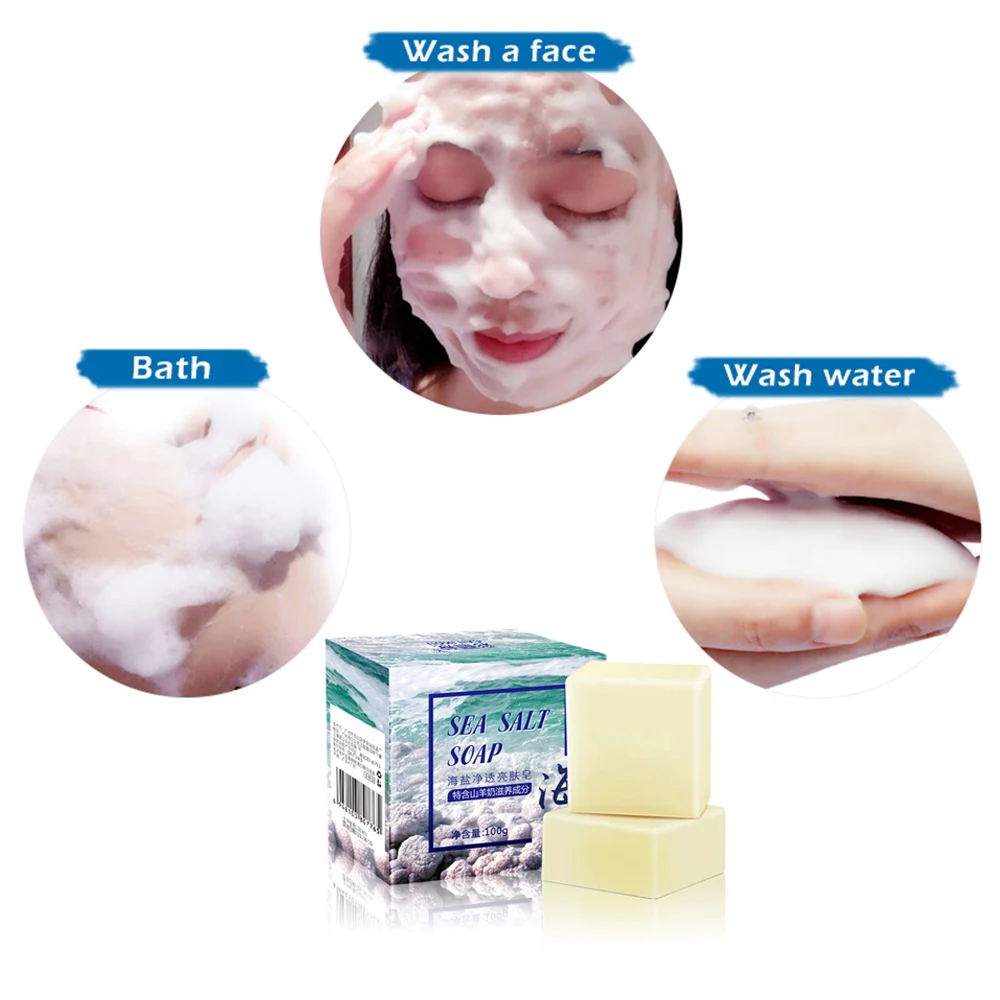 Sea Salt Soap 1/2/3Pcs 100g Sea Salt Soap Removal Mite Anti Acne Mild Cleansing Natural Moisturizing Oil Control Facial Washing Goat Milk Soap