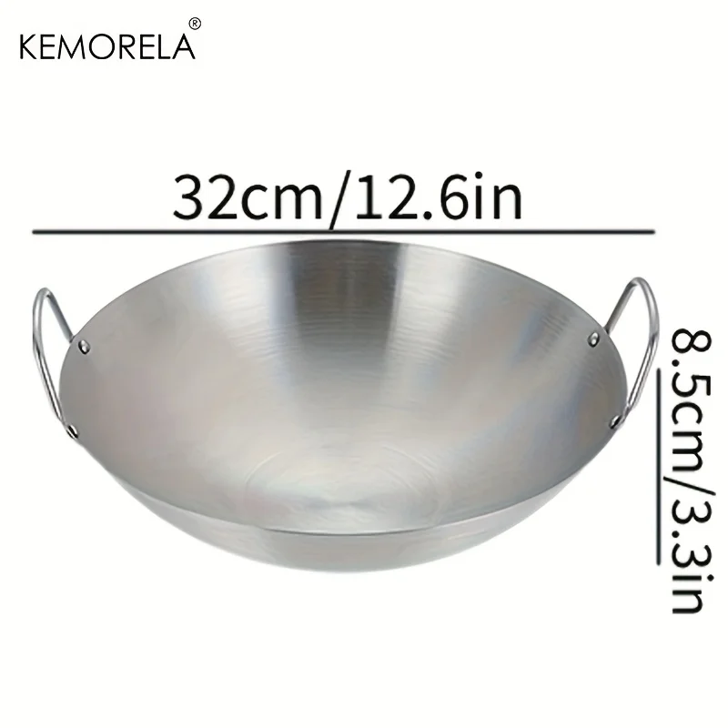 1 peça wok de aço inoxidável sem revestimento 26/28/30/32/34cm panela de chef de alça dupla de alta qualidade adequada para cozinhar carne frita caseira 8