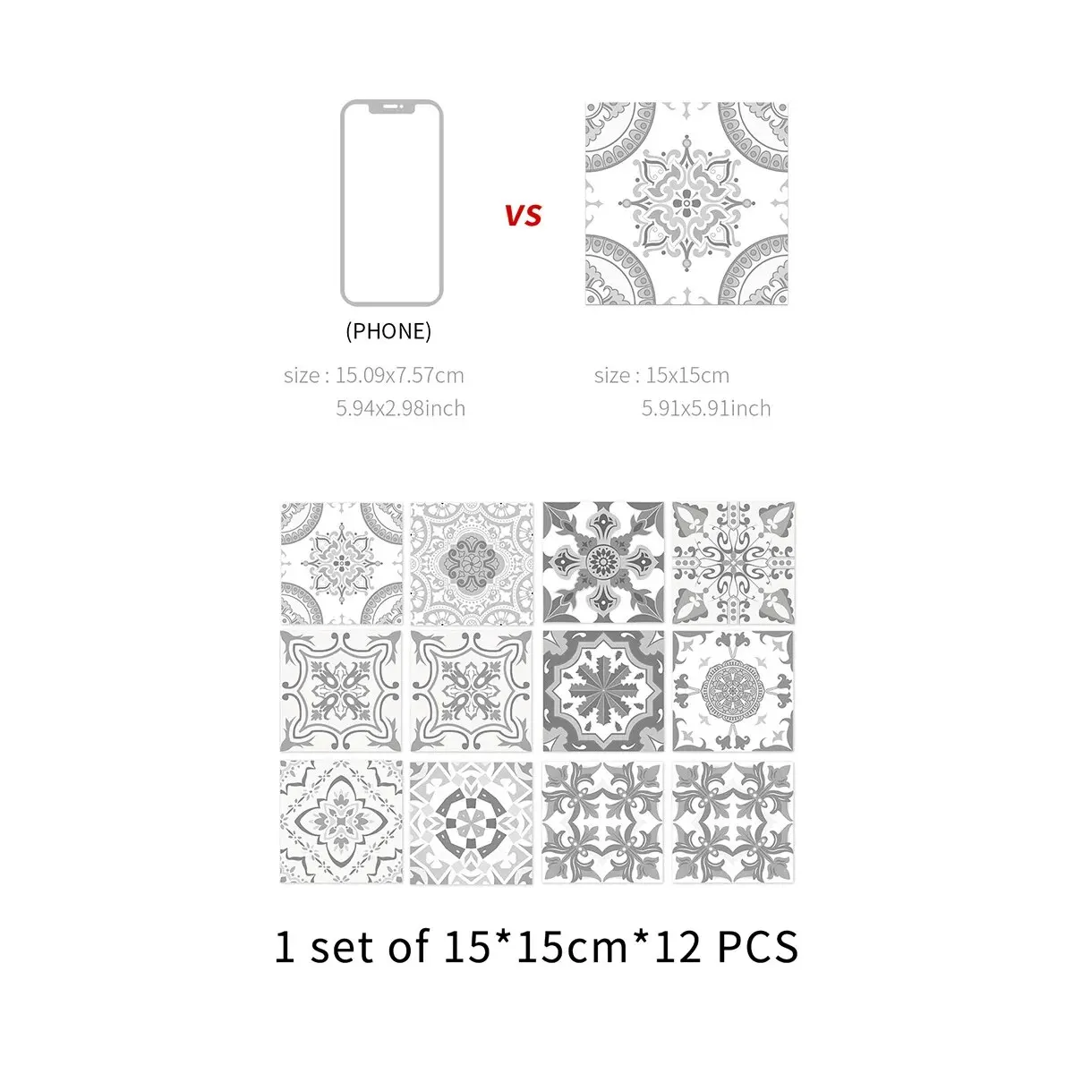 Gray Moroccan Wall Sticker Art Waterproof Vinyl Peel and Stick Tile Sticker Home Decor Kitchen Bathroom Decal 12PCS 15CM