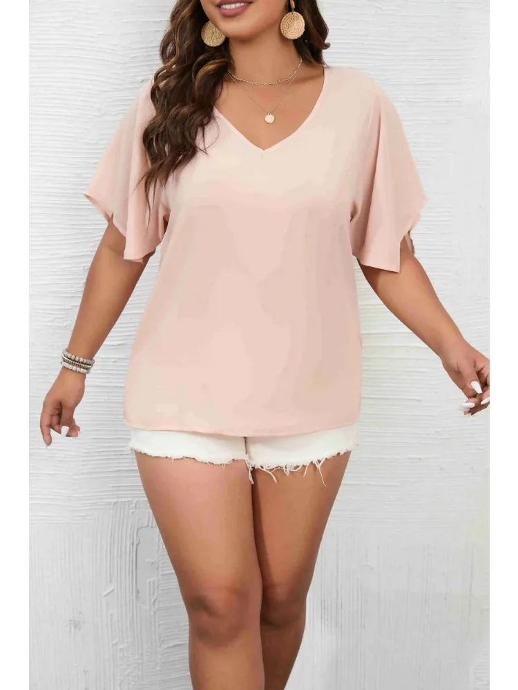 Plus Size 1XL-5XL Women's Solid Color Short Sleeve BlouseV Neck Bell Sleeve Blouse Casual Pullovers Shirt Top