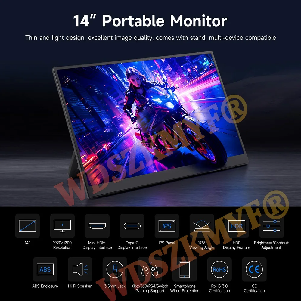 14 inch Portable Monitor FHD 1080P IPS USB-C Mini-HDMI External Second Screen for Mac Laptop PC Switch Xbox PS4/5 Xbox