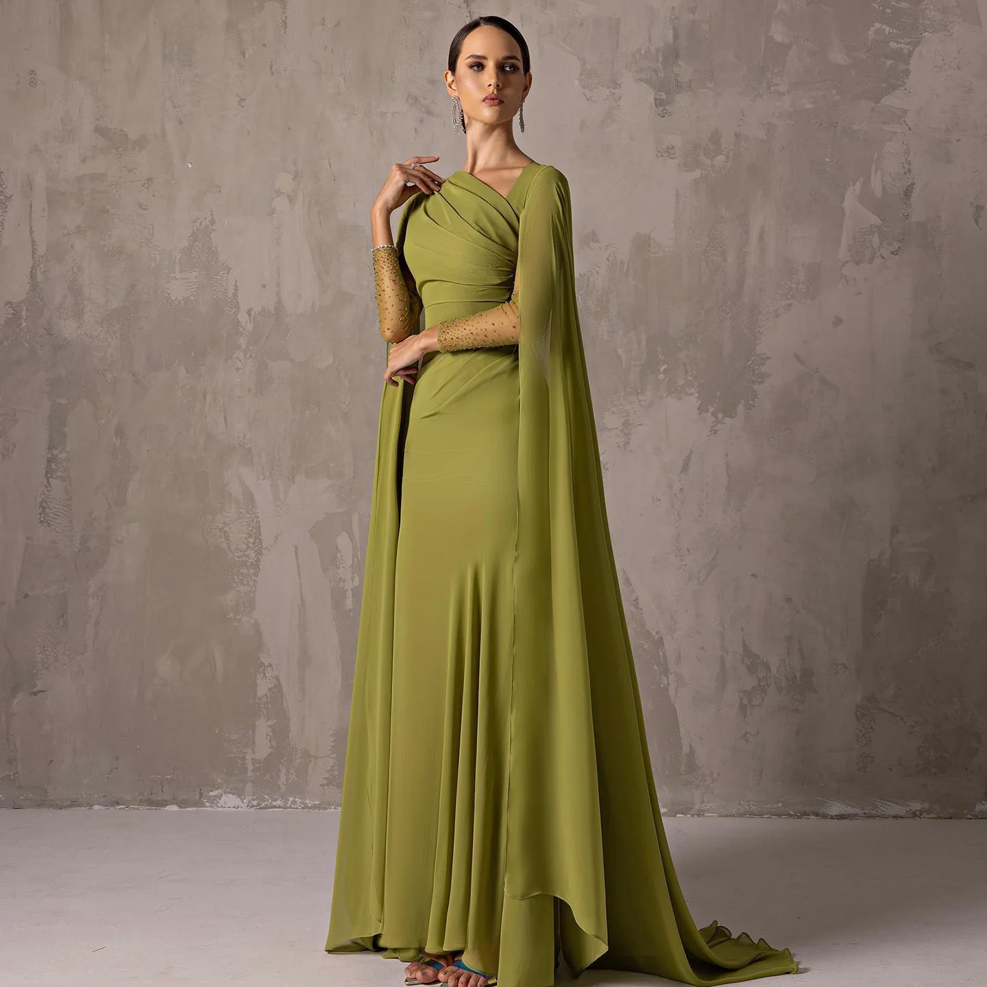 sage green dress sleeves MissJophiel One Shoulder Long Sleeves Floral Embroidery Sage Green Dress with Slit Other / Tea Length / US2 main image 0