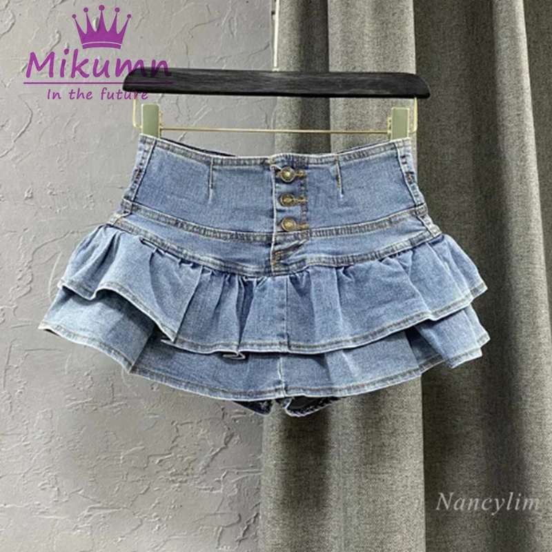 Harajuku Girl High Waist Single-Breasted Ruffles Cake Denim Skirt Woman Summer Sexy Jeans Skirts Students Kawaii Pleated Skirt 3