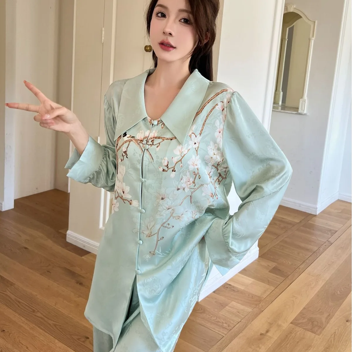 

Women Princess Collar Long Sleeve Shirt Pants Loungewear Spring Autumn Jacquard Satin Pajamas Suit Lady Nightwear Sleepwear