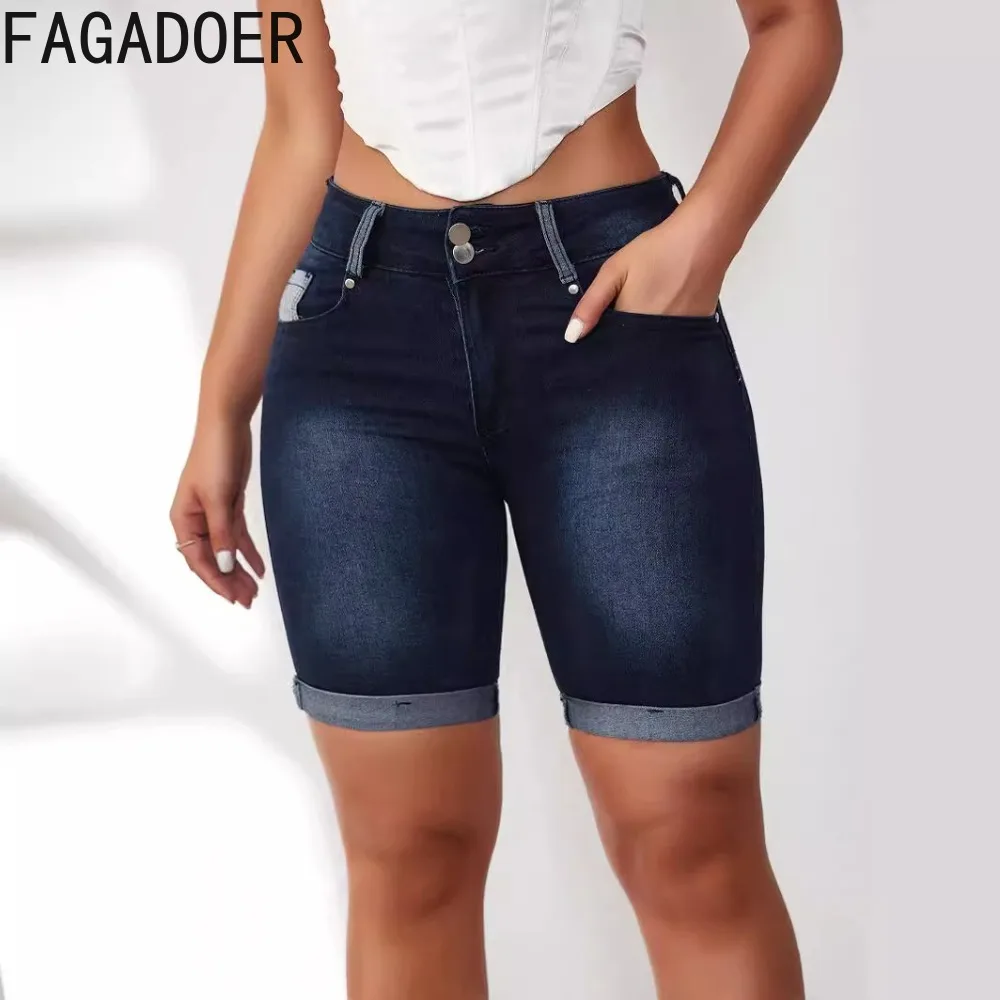 FAGADOER Dark Blue Summer High Quality Elastic Denim Shorts Women High Waisted Button Pocket Skinny Shorts Casual Cowboy Bottoms