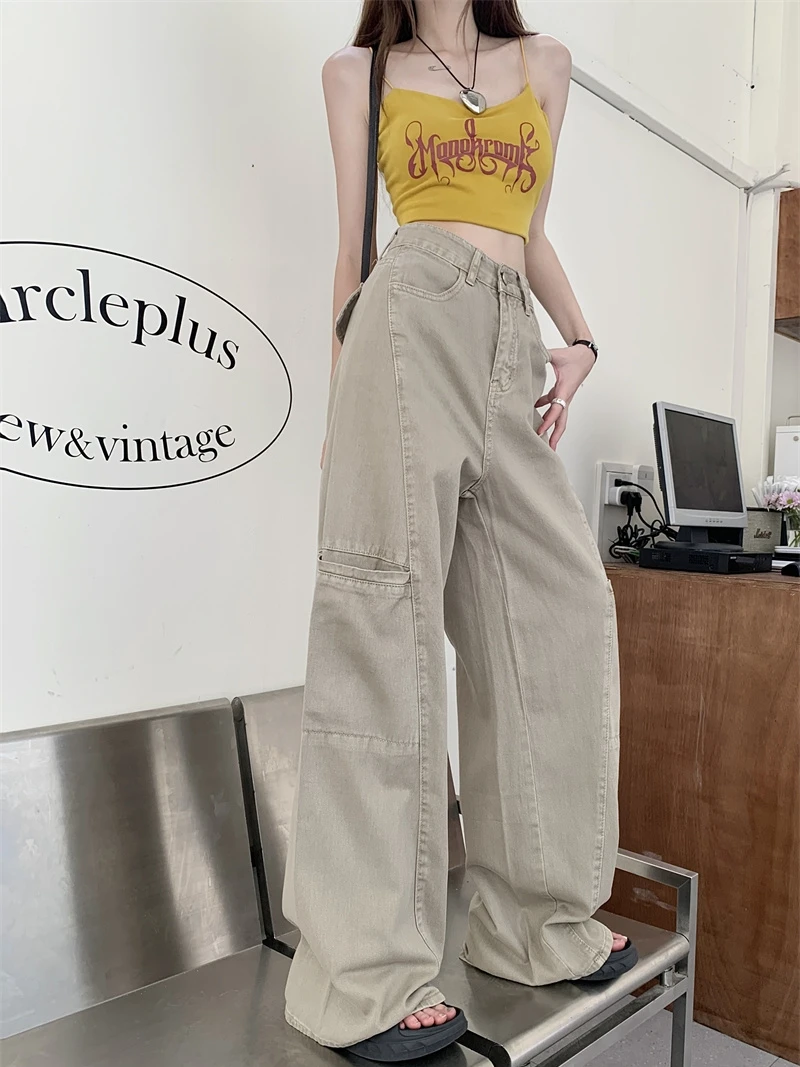 

Women's Khaki Baggy Cargo Pants Vintage Y2k Harajuku Aesthetic Streetwear Oversize Pants High Waist Wide Trousers 2000s Clothes