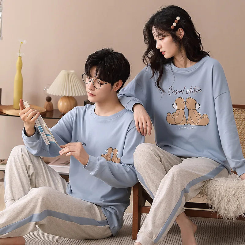 Couples 100% Cotton Homewear Couples Autumn Pajamas Set Women's Printed Nightwear Men's Pyjamas Big Size 3XL Loungewear Dropship