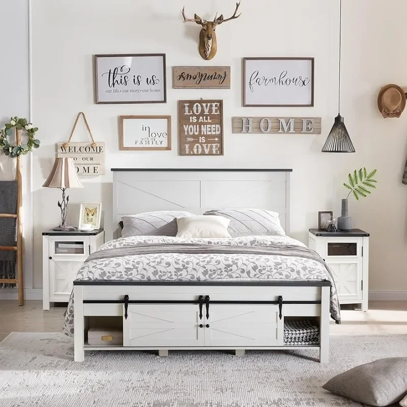 

JXQTLINGMU Farmhouse Wood Bed Frame Queen Size with Sliding Barn Door Storage Cabinets and Headboard Solid Wood Slats Support