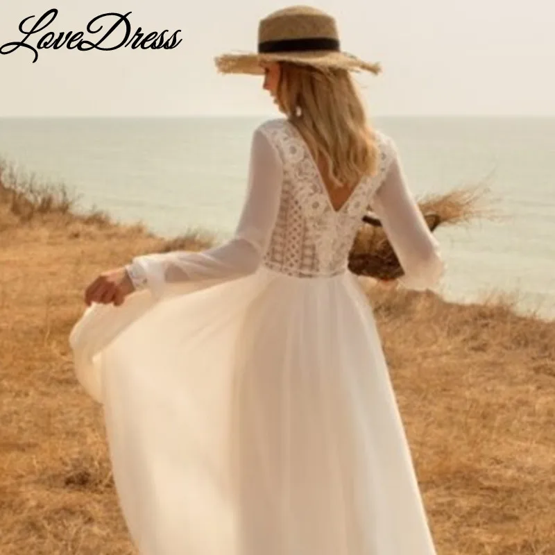 Customized Boho Deep V-Neck Wedding Dress Chiffon Long Lantern Sleeve Lace Appliques Simple Belt Bride Gown Backless Train 2025 5