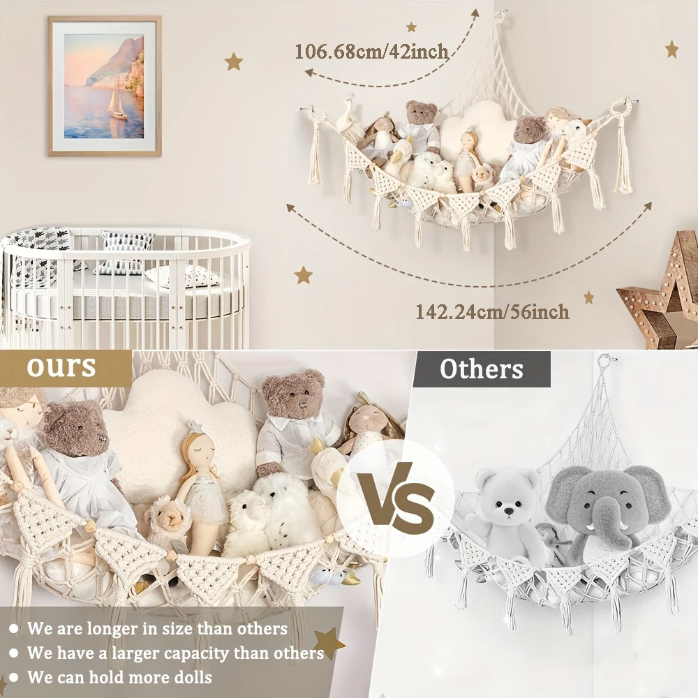 Stuffed Animal Hammock or Net Corner Macrame Hanging Toy Organizer Ideas for Plush Display, Kids Room Bedroom with Decorative