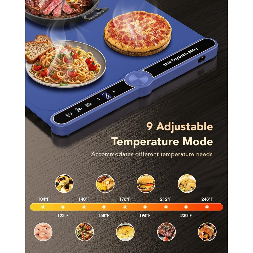 Warming Mat for Food, Electric Warming Tray with 9 Level Adjustable Temperature & 6 Hours Timer,Foldable Portable Food Warmer 3