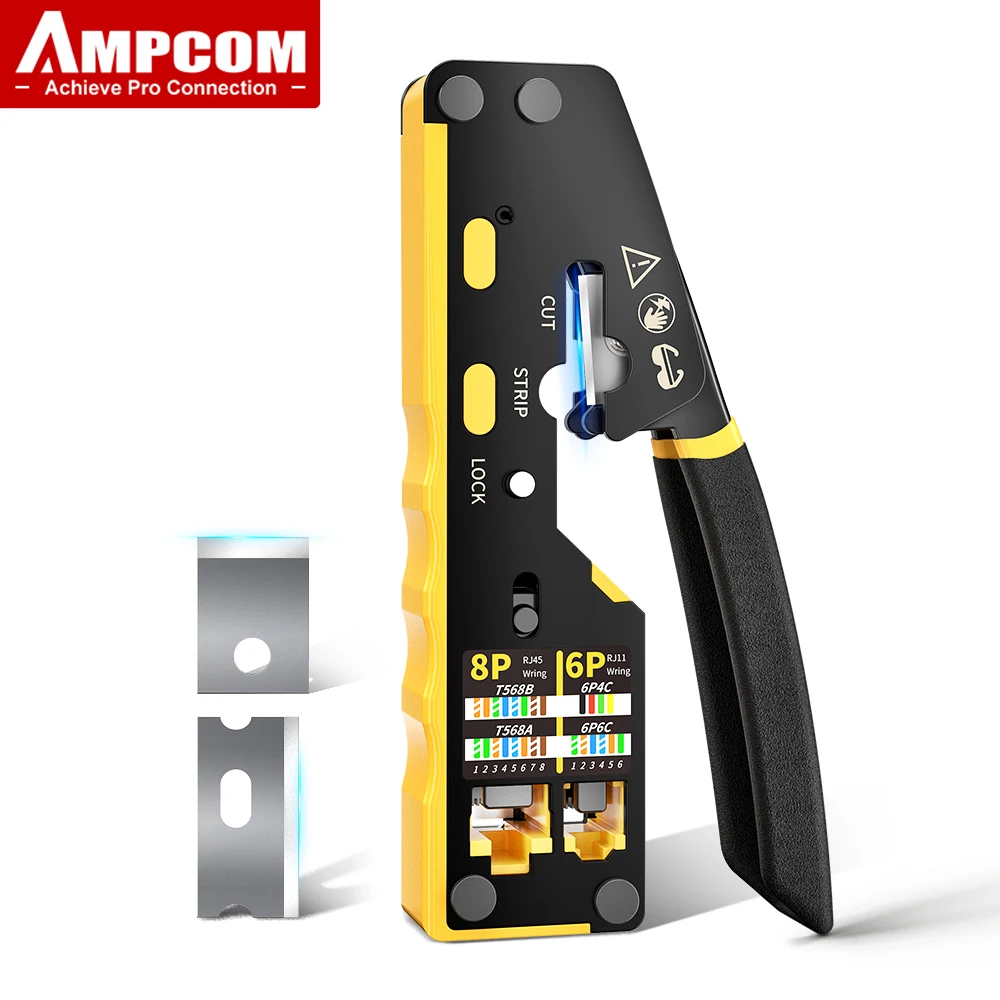 AMPCOM RJ45 network crimper Pass Through Multifunction Ethernet Crimping Pliers Crimp/Cut/Strip for LANTEL(RJ11/CAT5E/6 UTP STP