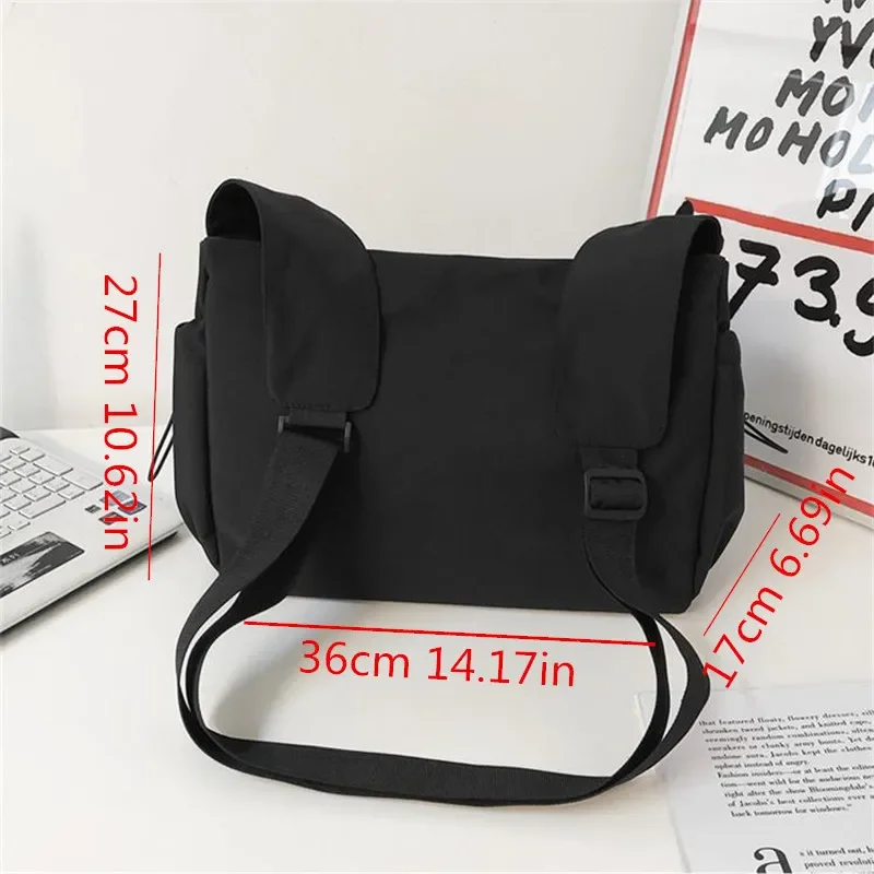 Fashion Couple Shoulder Bag with Polyester Lining, Campus Student Crossbody Bag with Side Pocket, Teen Black Nylon Messenger Bag