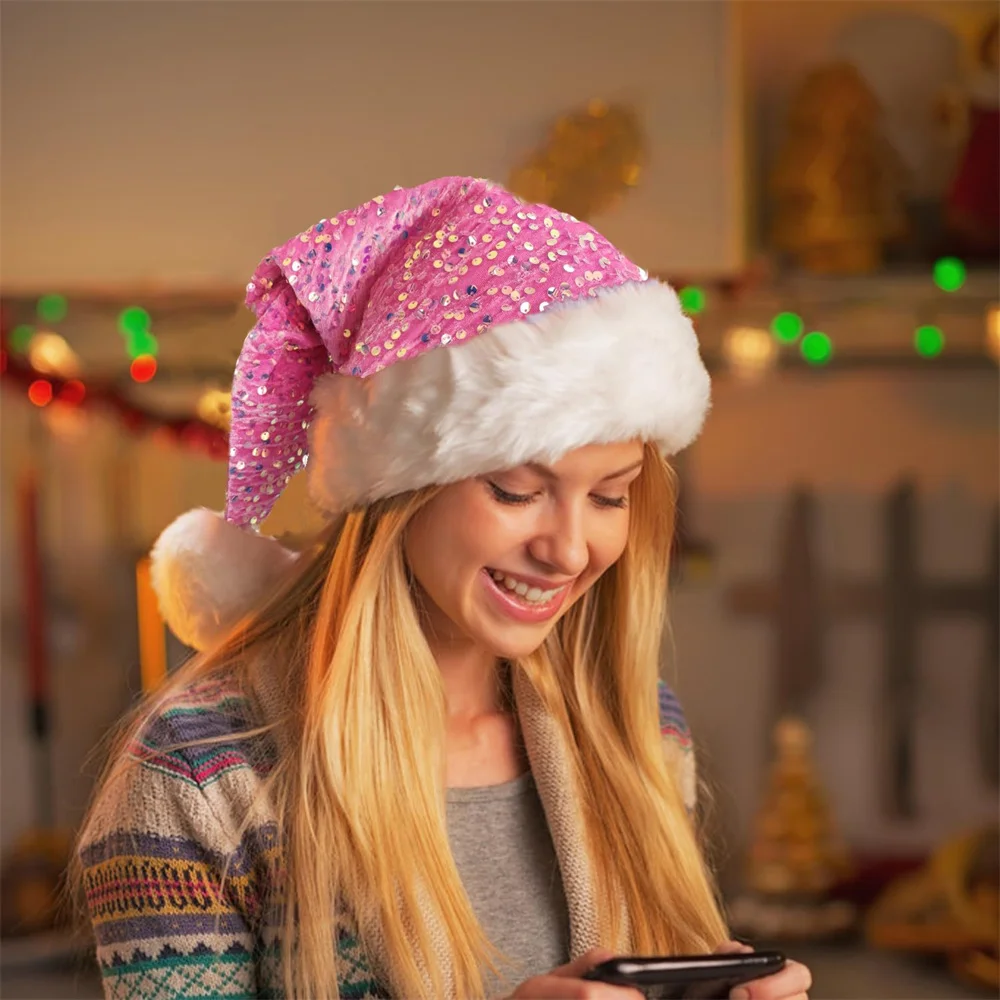 Description Picture 4 of itemSequin Christmas Hat Plush Solid Color Sparkle Santa Claus Hat with Long Fluffy Pompom For Adult Kids Christmas Party Decoration
