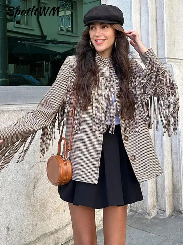 

Casual Plaid Tassels Coat Ladies Fashion Crew Neck Single Breasted Coats Autumn 2023 Female Vintage High Street Outerwear Women