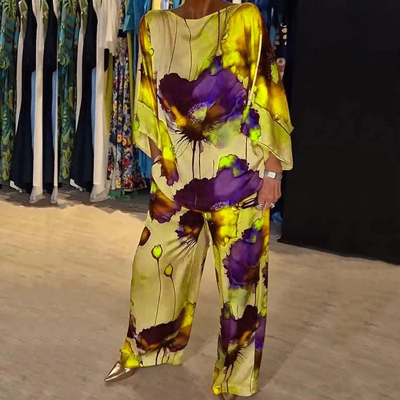 

Женский Атласный Костюм с принтом, Повседневный пуловер с круглым вырезом и длинными рукавами и брюки с широкими штанинами, весна-лето