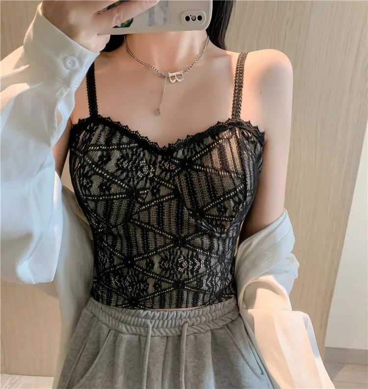 French Lace Suspender Vest Female with Chest Pad Inside Match Outside