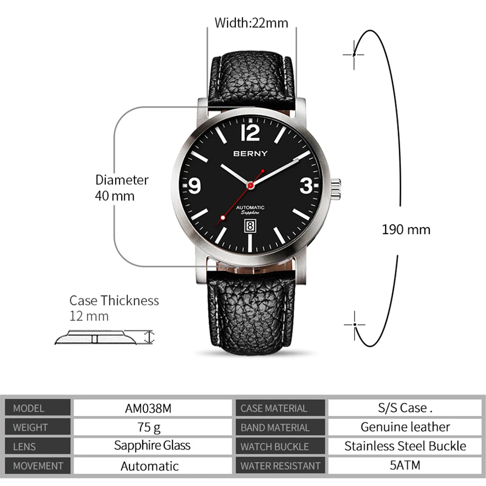 BERNY Customized Automatic Mechanical Watch Design Art Word Logo Dial Railway Clock Personalized Classic Railroad Wristwatch