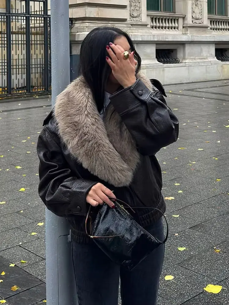 HH Winter Women Elegant Fashion Faux Fur Collar Jackets Long Sleeve Faux Leather Jacket Autumn Female Loose Casual Oversize Coat